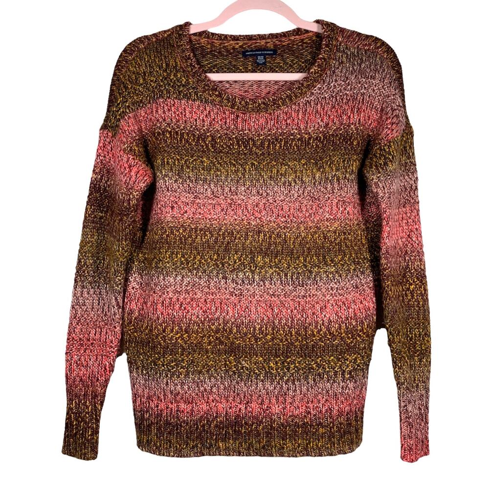 AMERICAN EAGLE Brown Pink Gold Striped Long Sleeve Knit Sweater XS